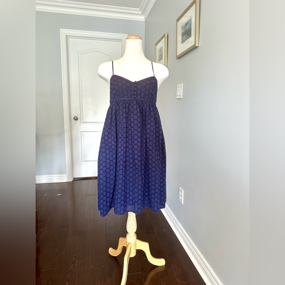 SUZY SHIER Navy Blue Eyelet Baby Doll Spaghetti Strap Empire Waist Summer Dress - Picture 4 of 10